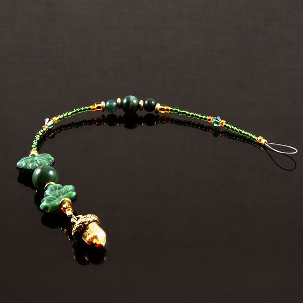 6 Inch Dangly-Bit:  Acorn, Gold Plate with Moss Agate and Czech Glass Leaves